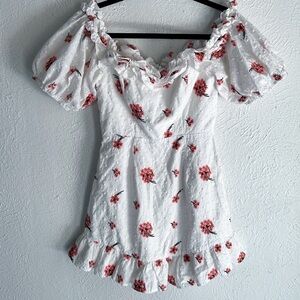 Saints + Secrets White Eyelet Floral Puff Sleeve Mini Dress 100% Cotton Small